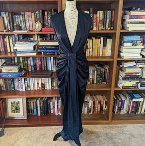 Sid neigum stretch deep blue satin plunging neck gathered front gown sz 0 euc